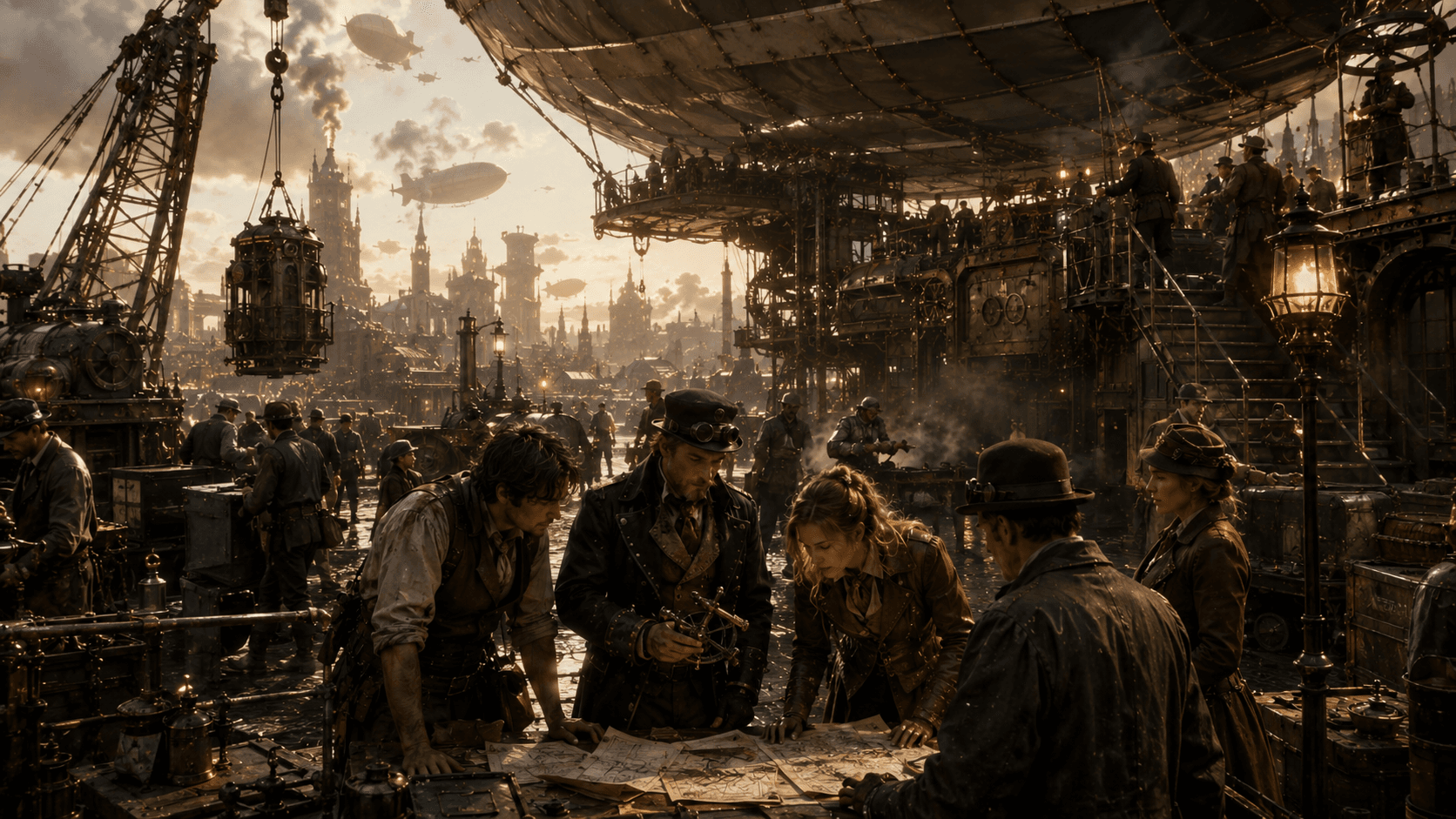 Victorian industrial steampunk adventure scene